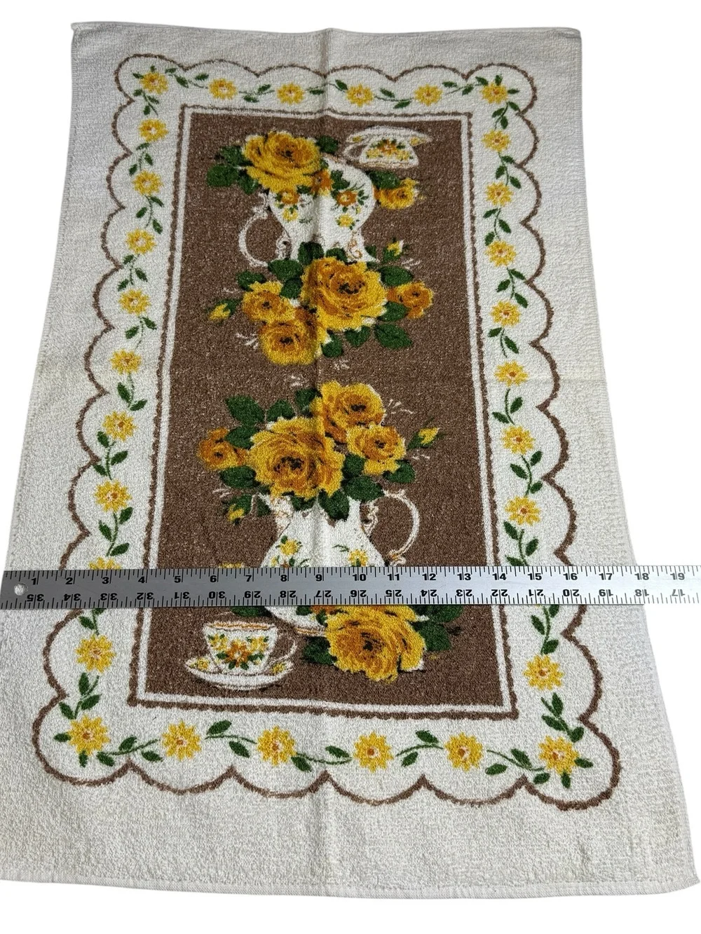 Vintage Sayco Hand Towel Yellow Brown Flowers Print Kitchen Towel Dainty Feminin